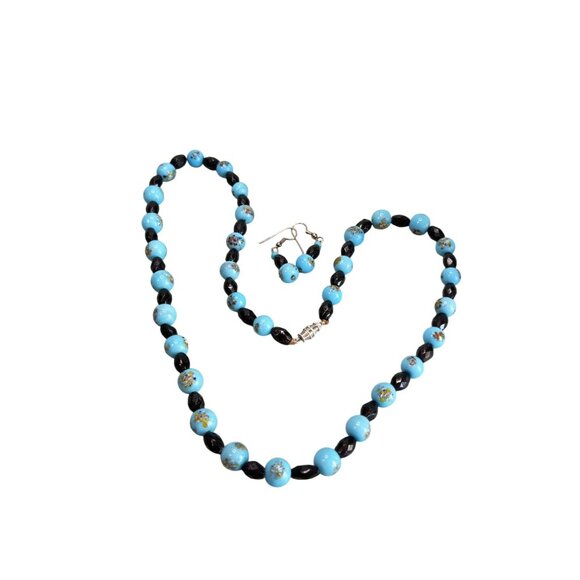 Blue & Black Glass Beads Hand-Painted Embossed Design Jewelry Set 24" - Picture 3 of 6
